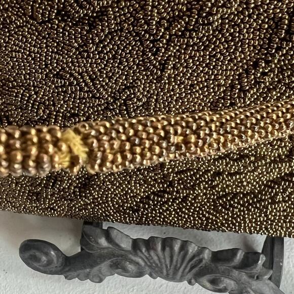 Vintage Evening Bag Brown Beaded Bag Lined Hong Kong Scalloped Closure - Picture 9 of 14